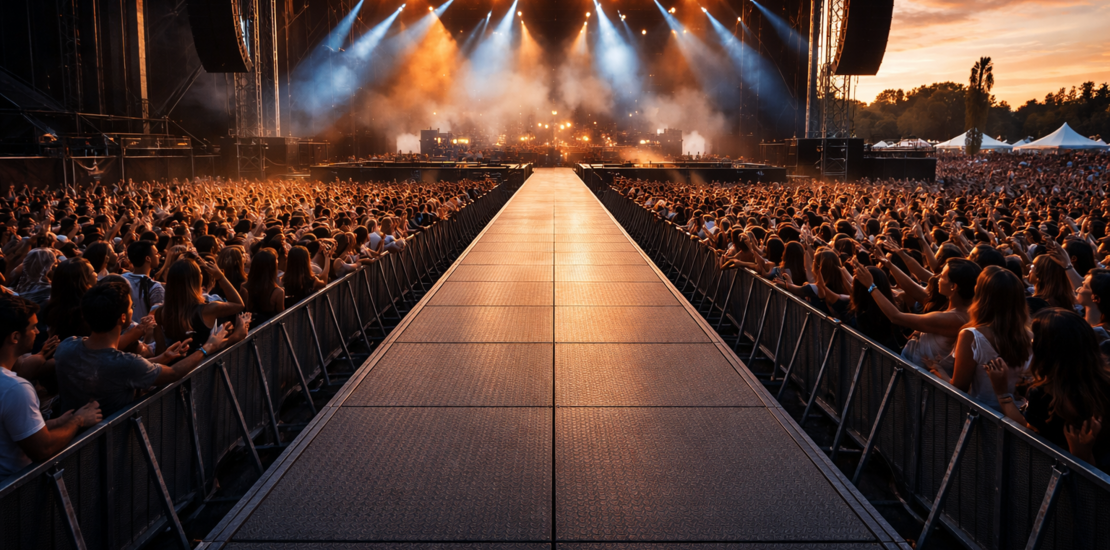 Event stage with central walkway using Comfodeck powered by alkus® panels for temporary stage and platform structures