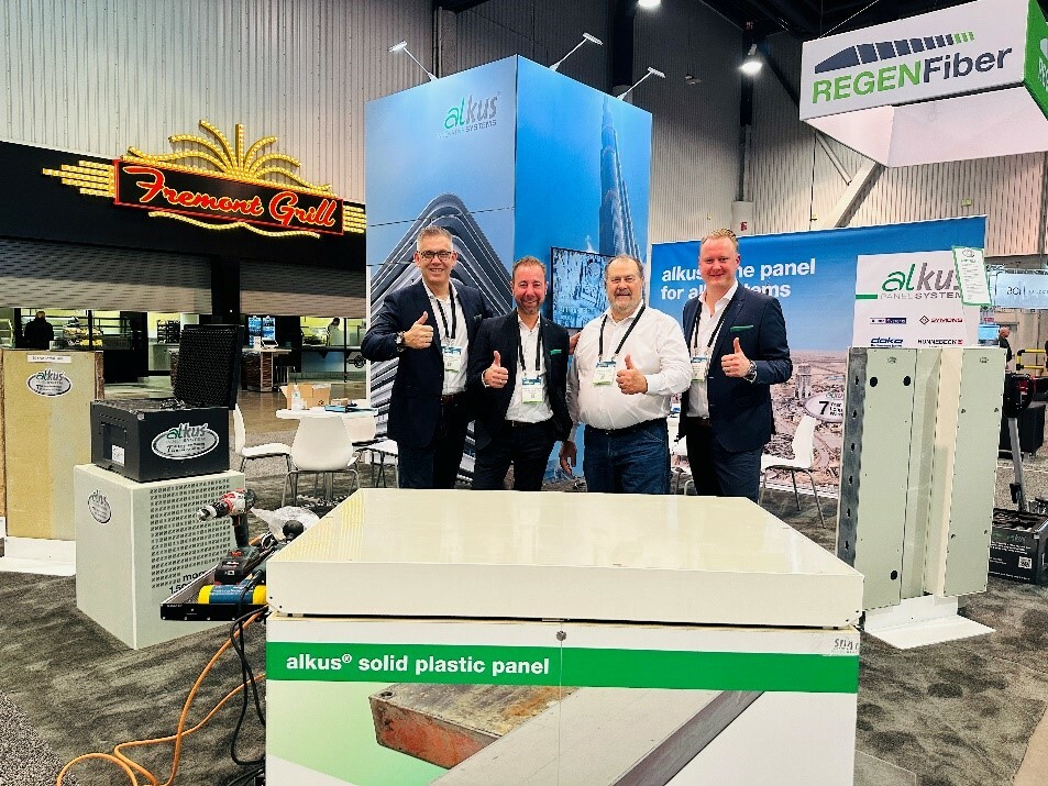 alkus at the World of Concrete 2024 in Las Vegas alkus at the World of Concrete 2024 in Las Vegas: Matthew Pescador (CEO alkus North America Inc.), Michael Tschenett (Managing Director / CEO of alkus AG), Kenneth D. Clisso (Sales USA), Julian Dingler (Managing Partner) (from left to right) © alkus AG